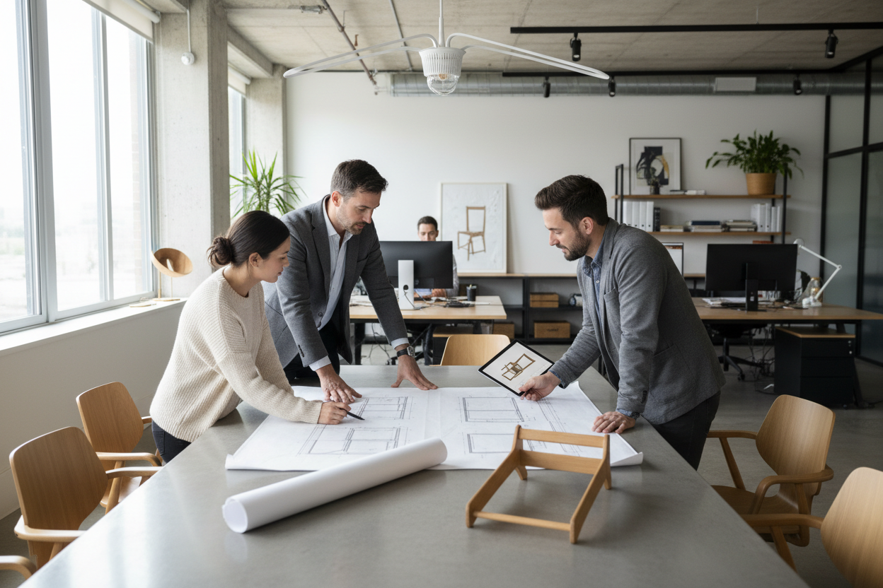 Partnership дизайнеры за столом обсуждают чертежи